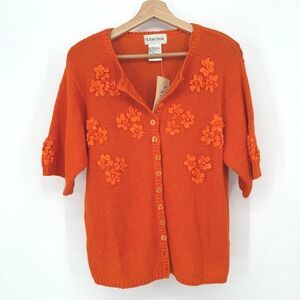 Vintage Victoria Sport Cardigan Womens Small Orange Floral Knit Button Sweater
